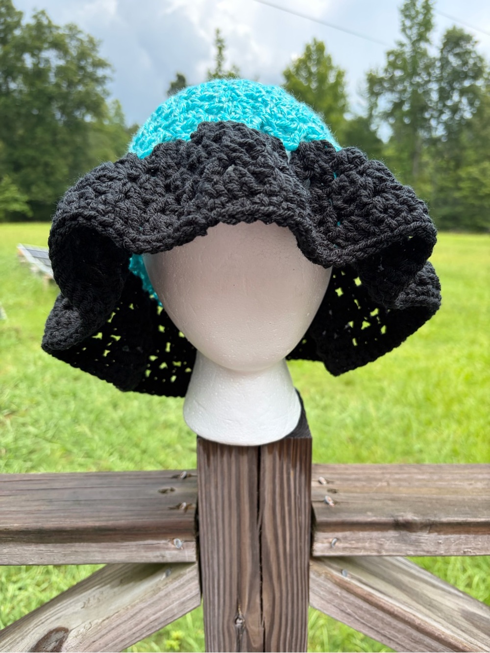 Handmade Crochet Bucket Hat | Black & Turquoise | Boho Summer Sun Hat - Picture 2 of 4